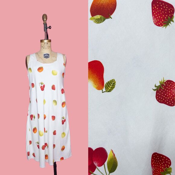 Y2K SILK CLUB FRUIT. Novelty Print Cream Tank Dress. Medium-Large. AS IS - Picture 1 of 10